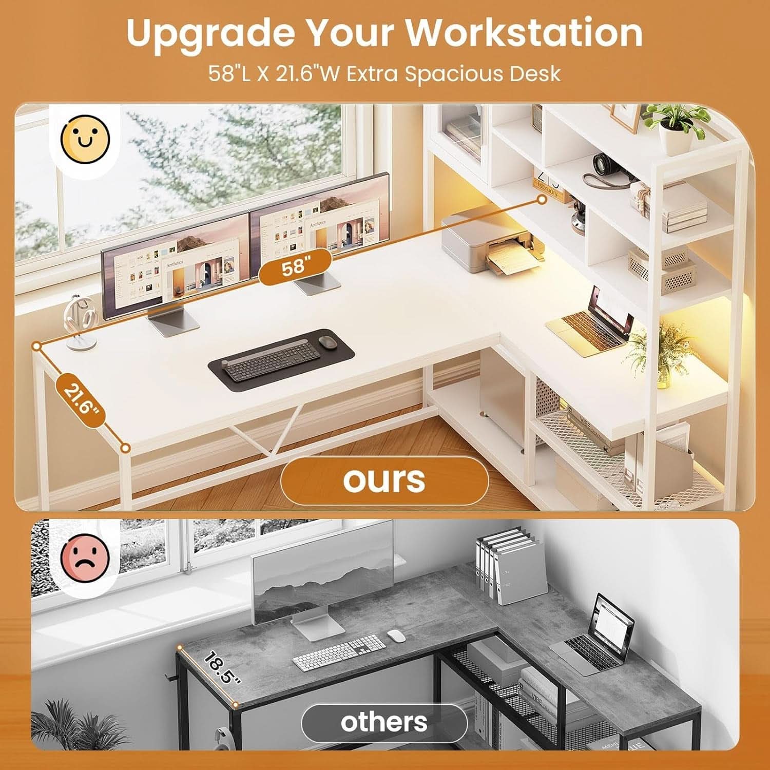 58 Inch L Shaped Desk With LED Light For Home Office