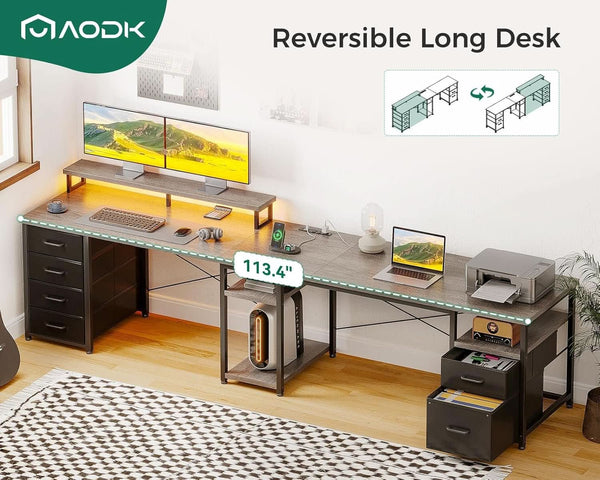 L Shaped Computer Desk with File Cabinet and LED Light