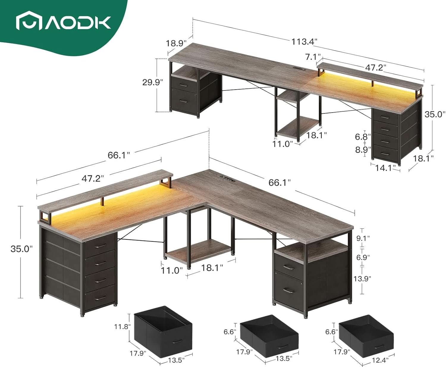 L Shaped Computer Desk with File Cabinet and LED Light
