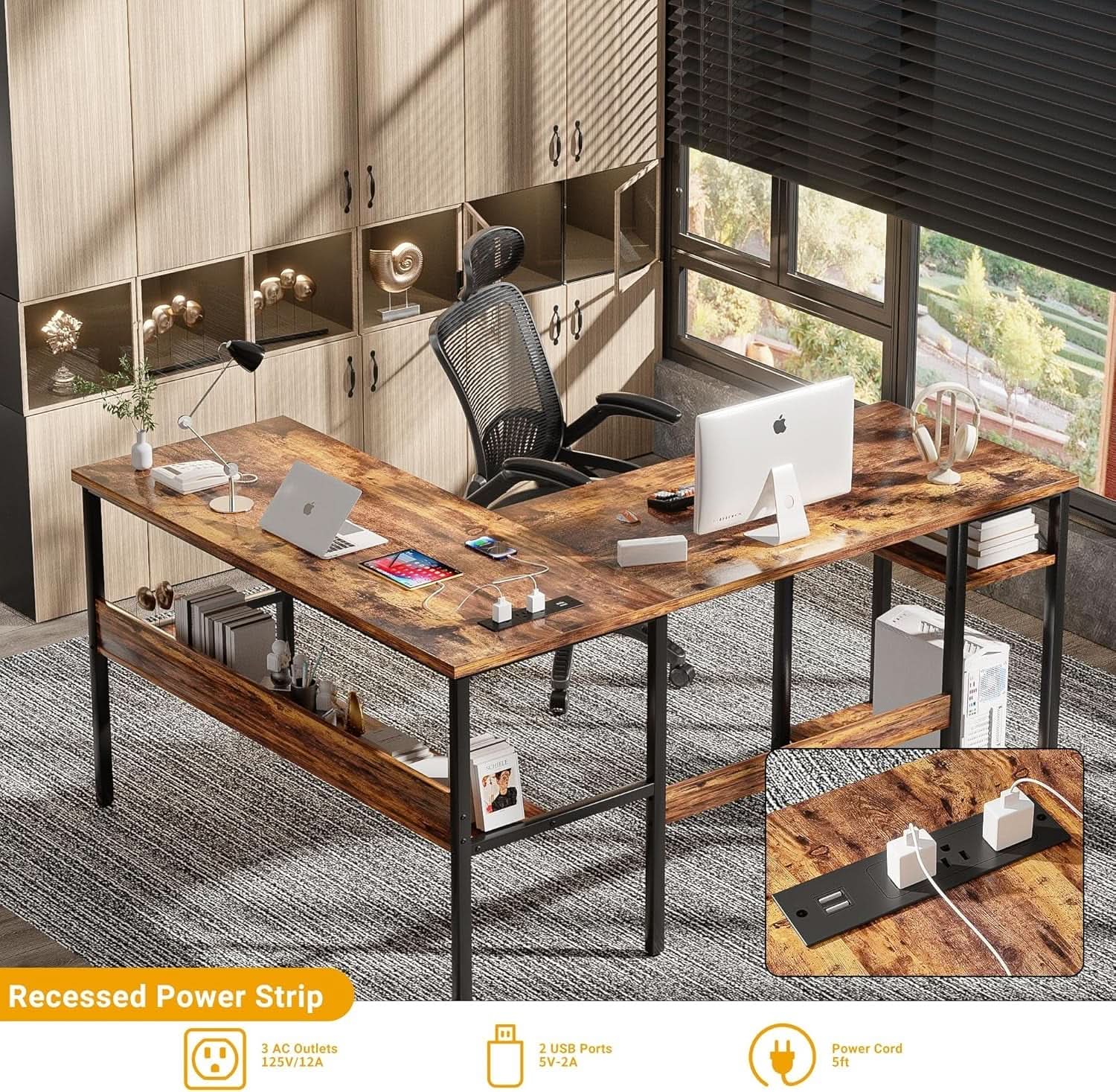 L Shaped Computer Desk With USB Ports And Power Outlets Rustic Brown