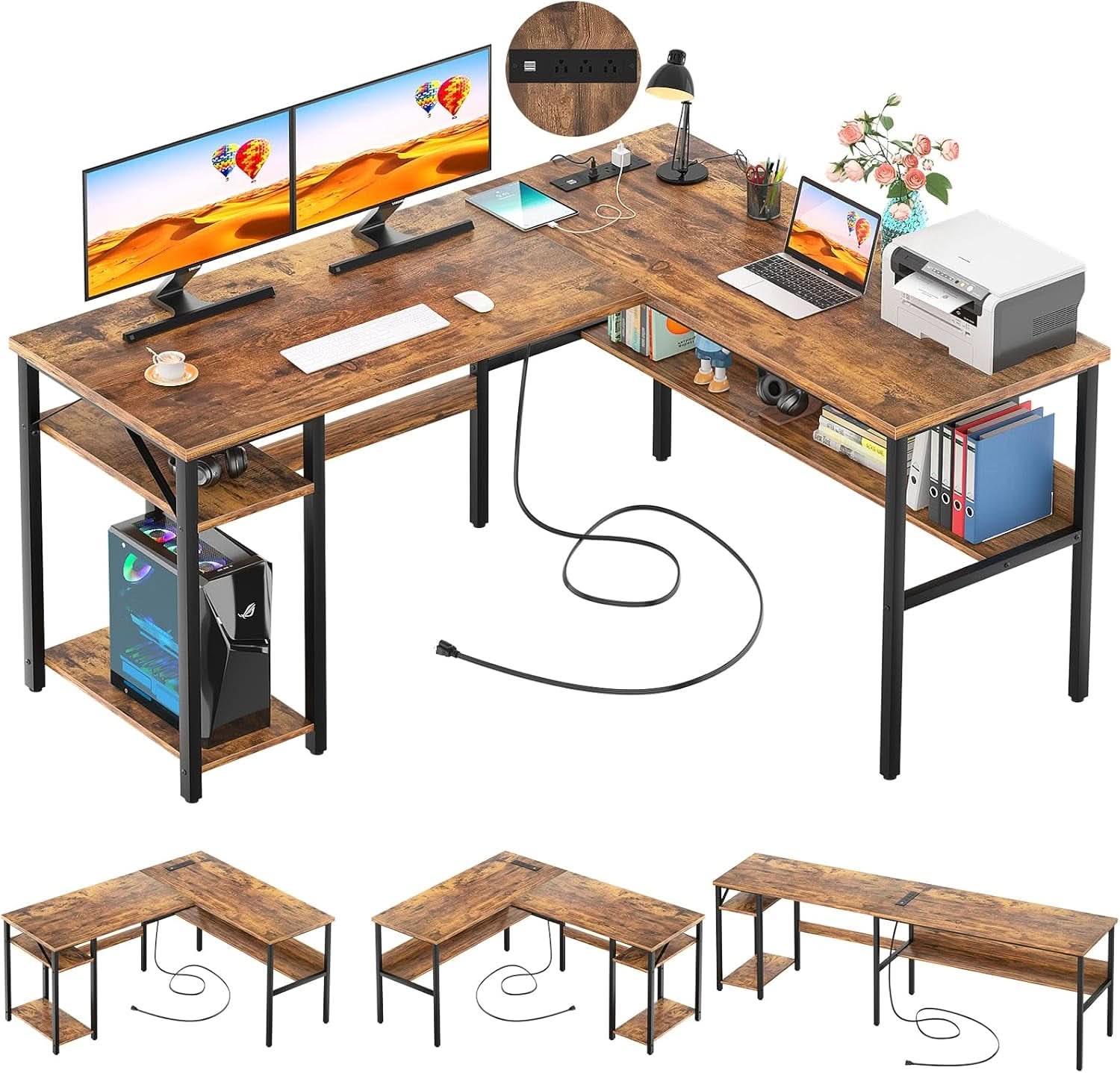 L Shaped Computer Desk With USB Ports And Power Outlets Rustic Brown