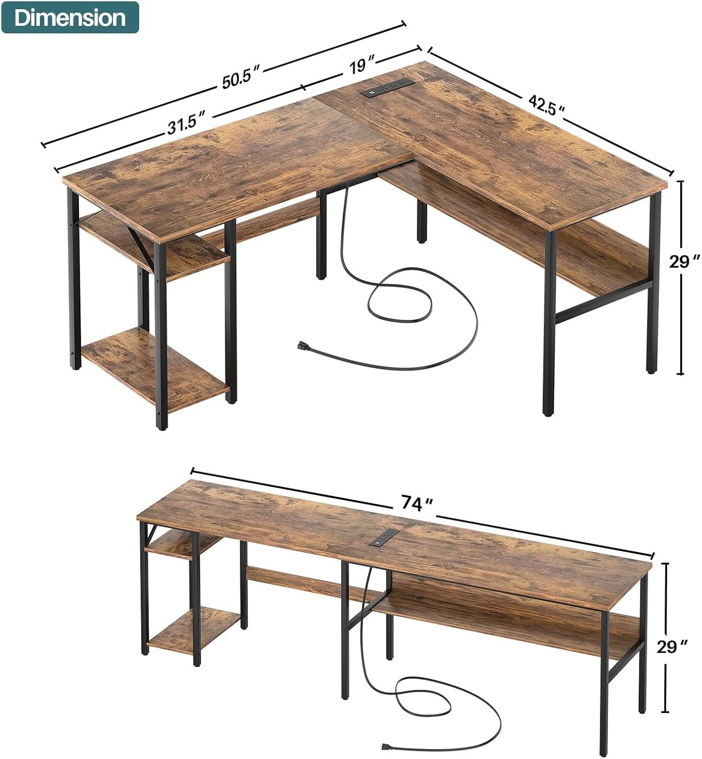 L Shaped Computer Desk With USB Ports And Power Outlets Rustic Brown