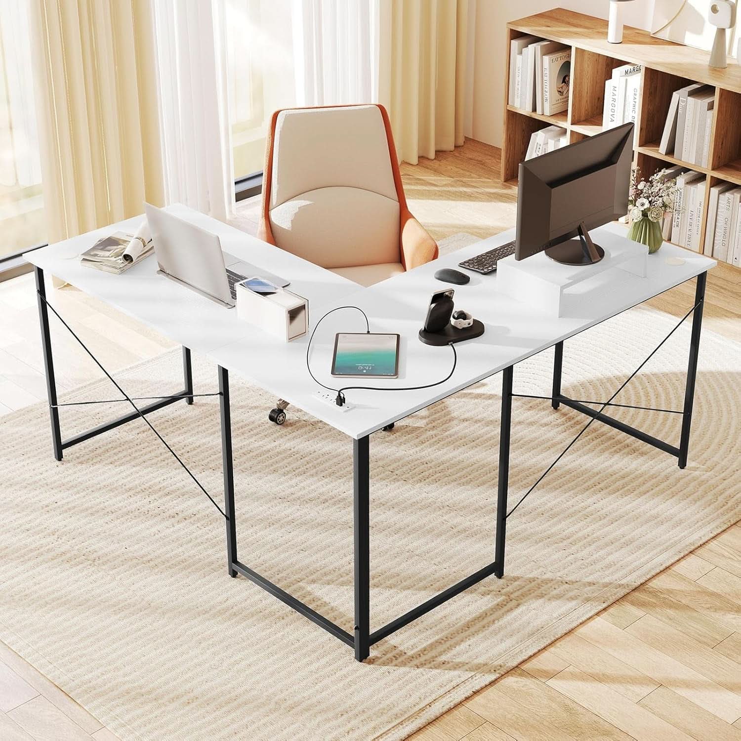 L Shaped Computer Desk With USB Ports And Monitor Shelf 95 Inch Two Person
