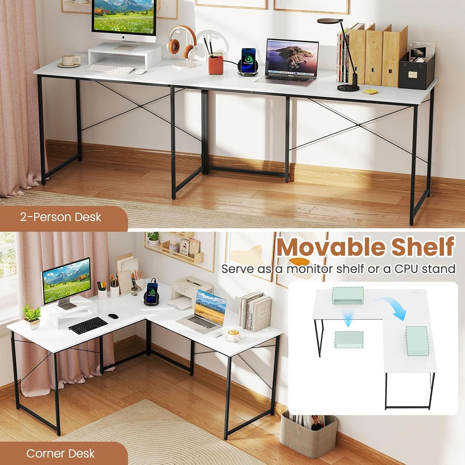 L Shaped Computer Desk With USB Ports And Monitor Shelf 95 Inch Two Person
