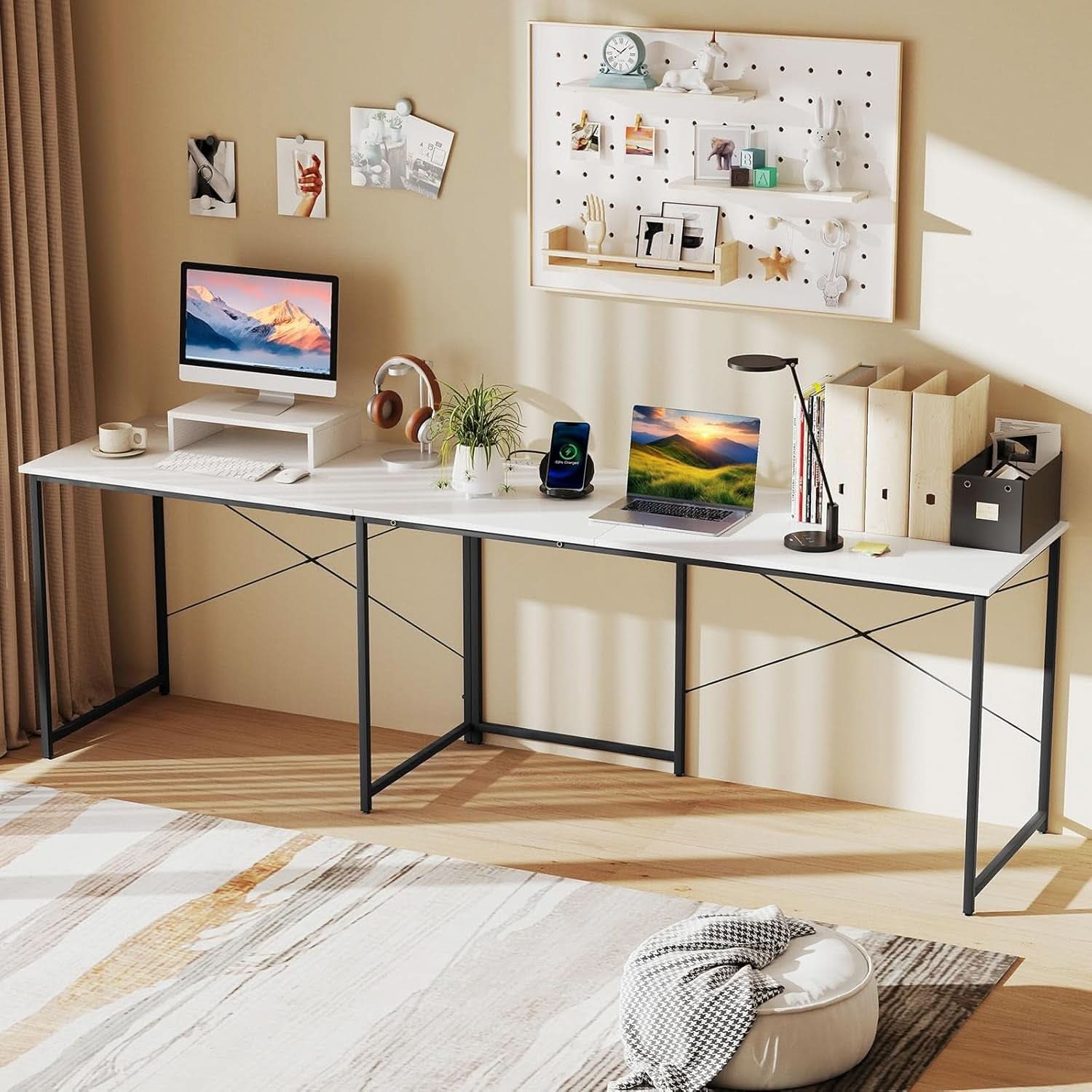 L Shaped Computer Desk With USB Ports And Monitor Shelf 95 Inch Two Person