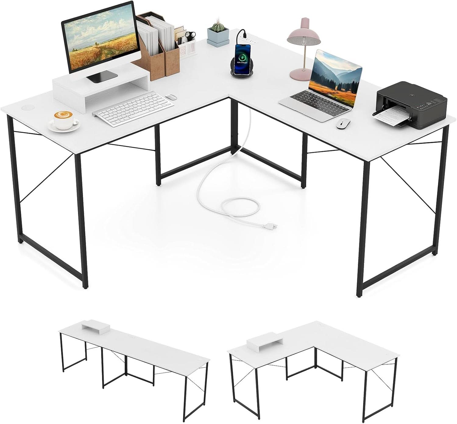 L Shaped Computer Desk With USB Ports And Monitor Shelf 95 Inch Two Person