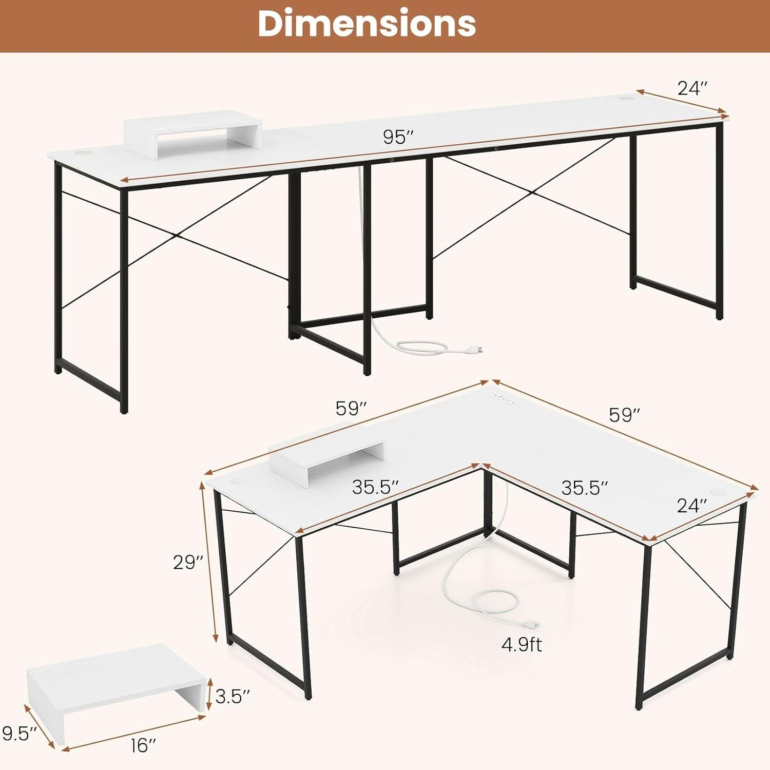 L Shaped Computer Desk With USB Ports And Monitor Shelf 95 Inch Two Person