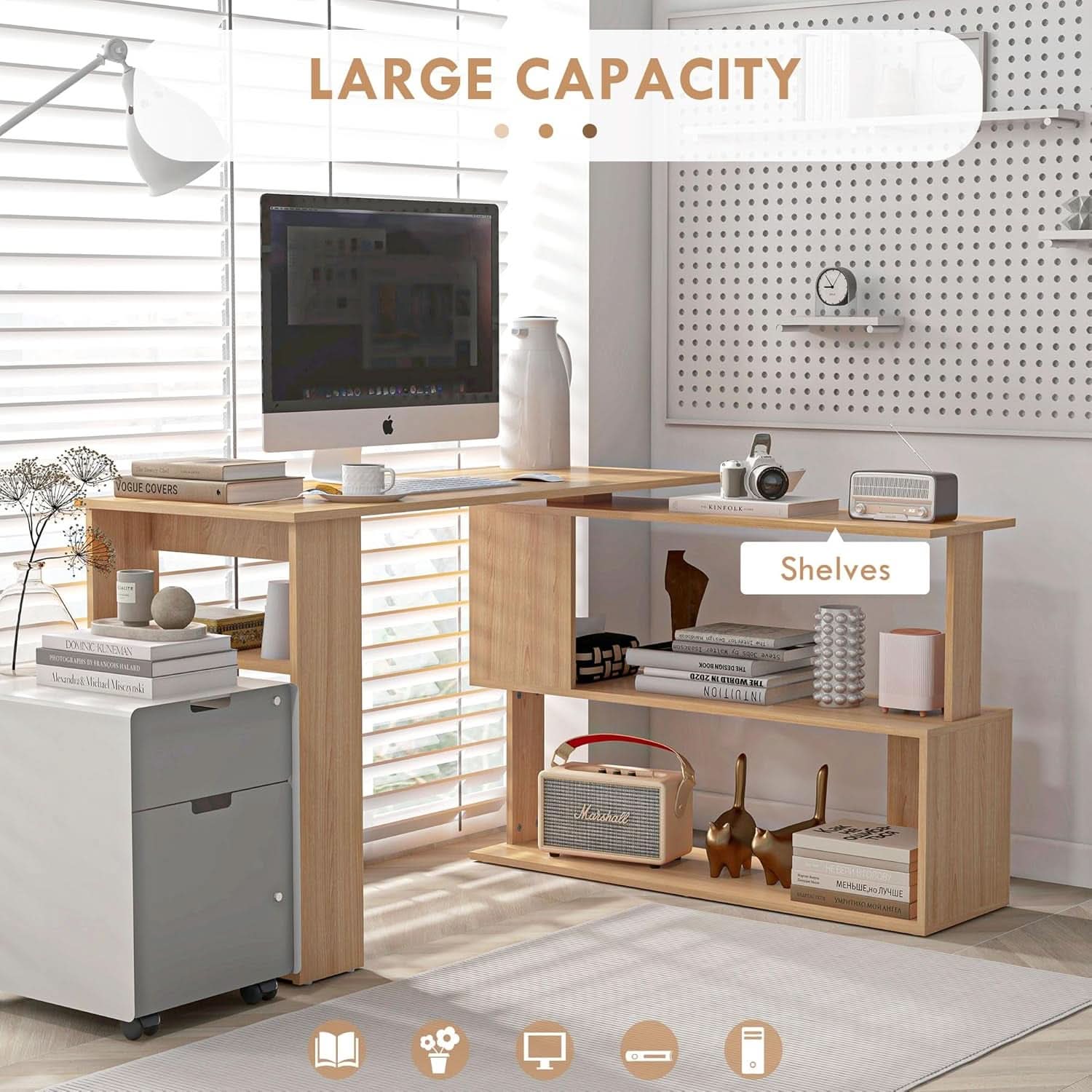 L Shaped Corner Desk With 360 Degree Rotation And Shelves