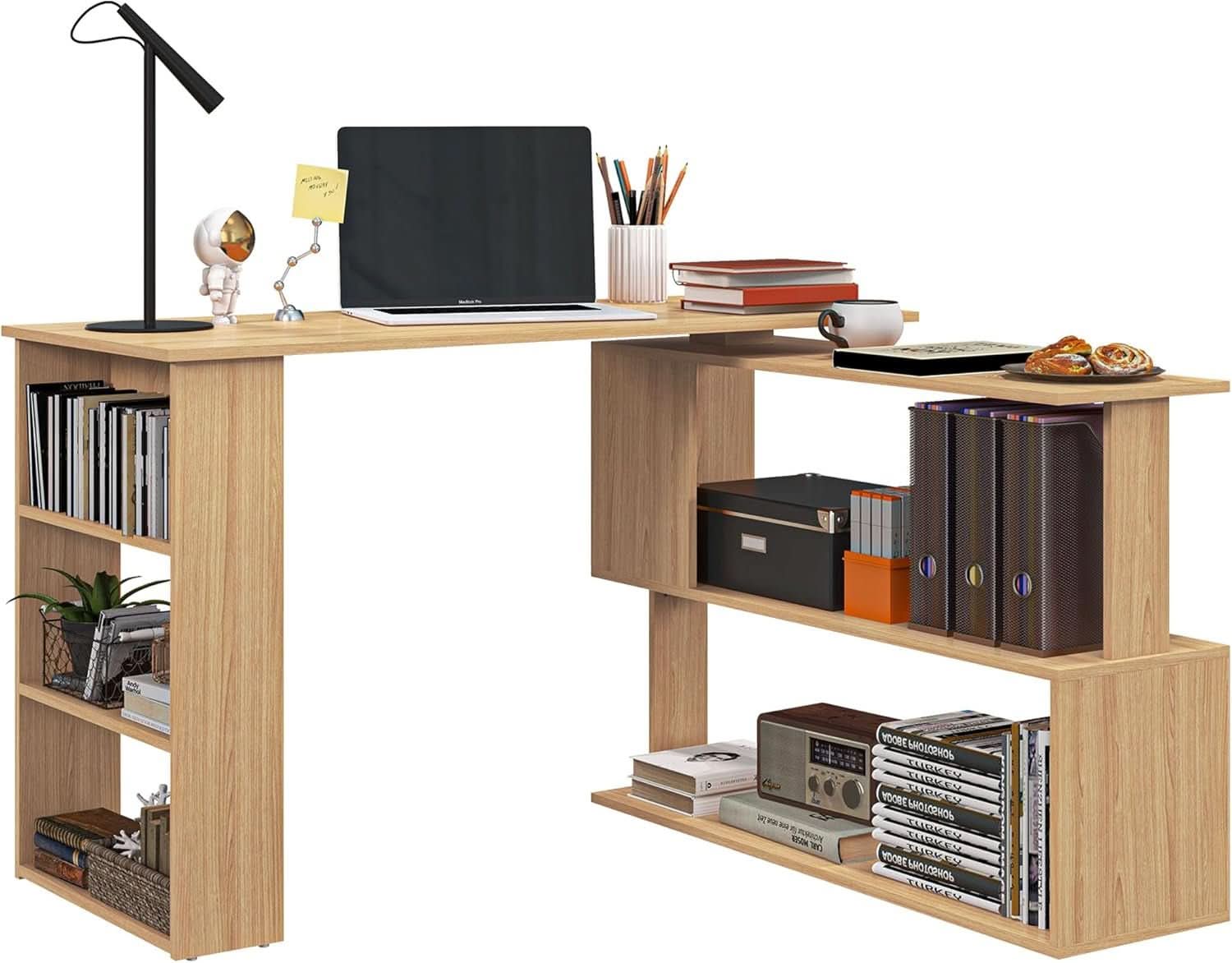 L Shaped Corner Desk With 360 Degree Rotation And Shelves