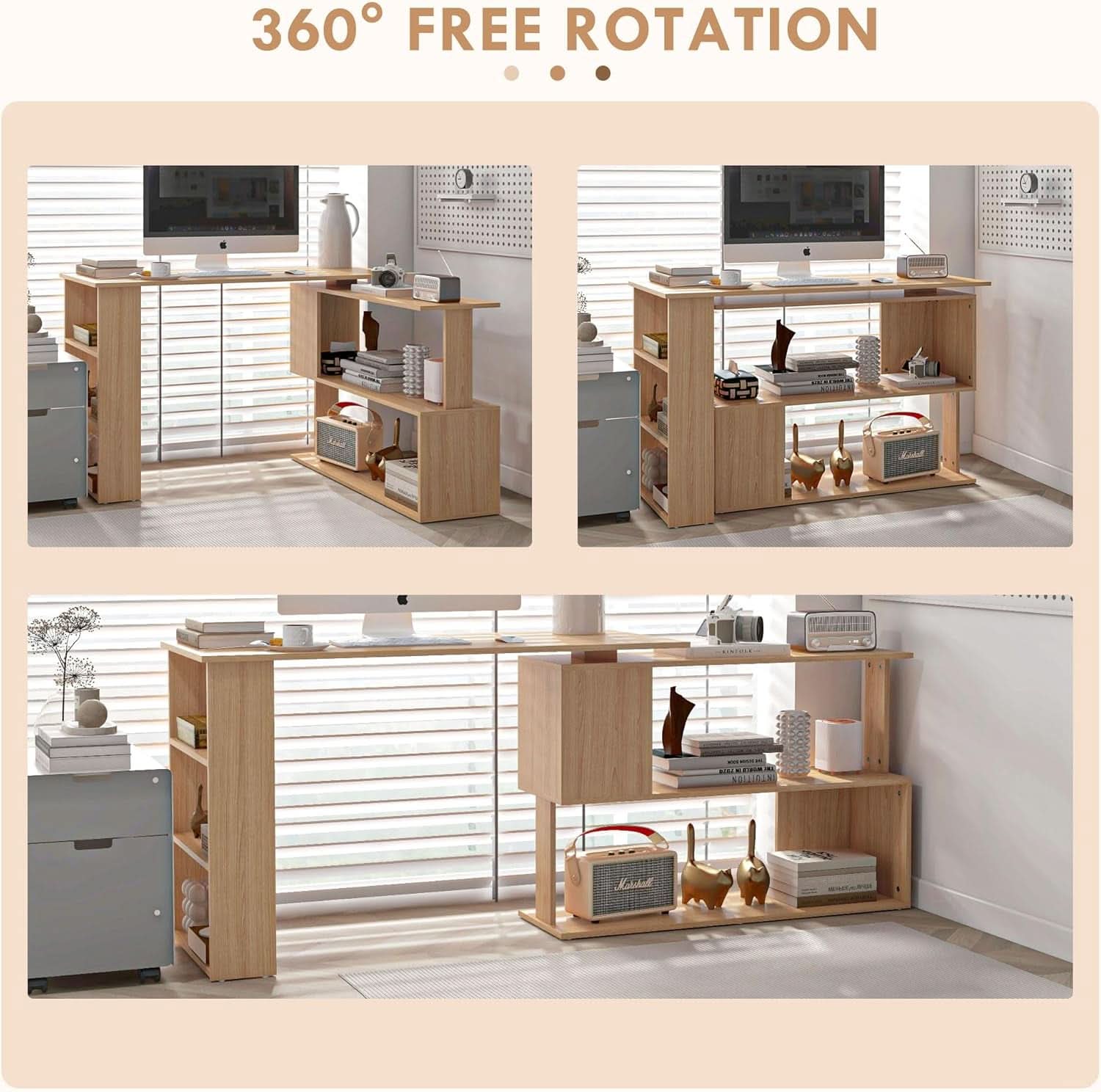L Shaped Corner Desk With 360 Degree Rotation And Shelves