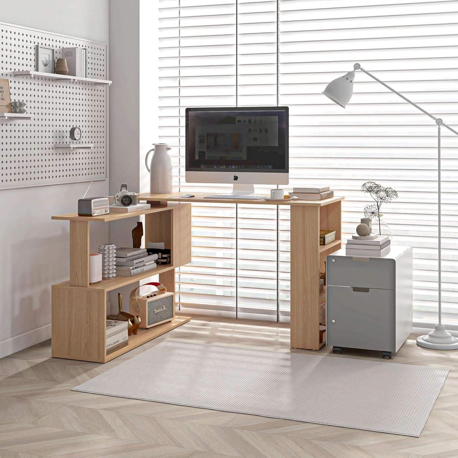 L Shaped Corner Desk With 360 Degree Rotation And Shelves