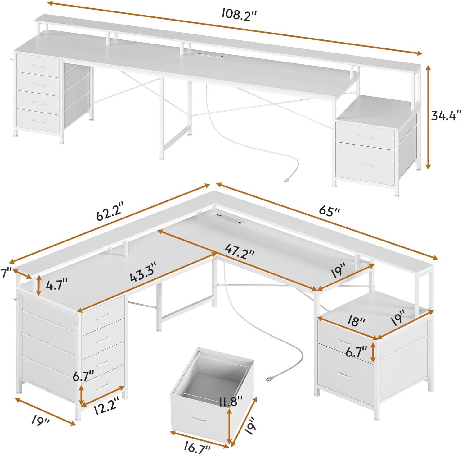 L Shaped Desk 108 Inch White Two Person Corner Computer Desk