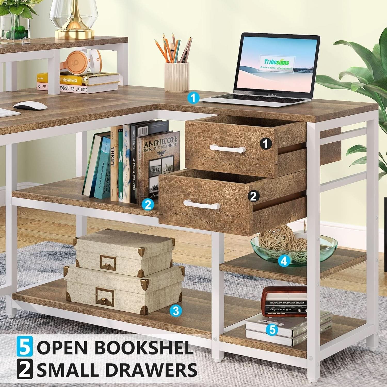 L Shaped Desk With Drawers And Monitor Stand Beige Wood