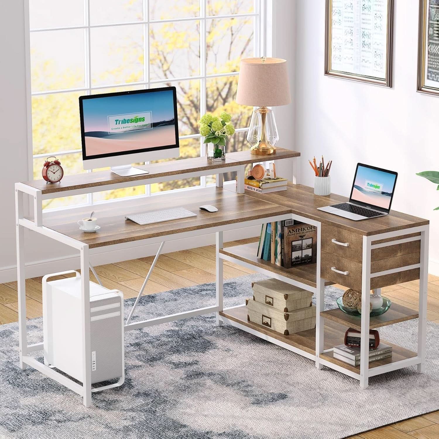 L Shaped Desk With Drawers And Monitor Stand Beige Wood