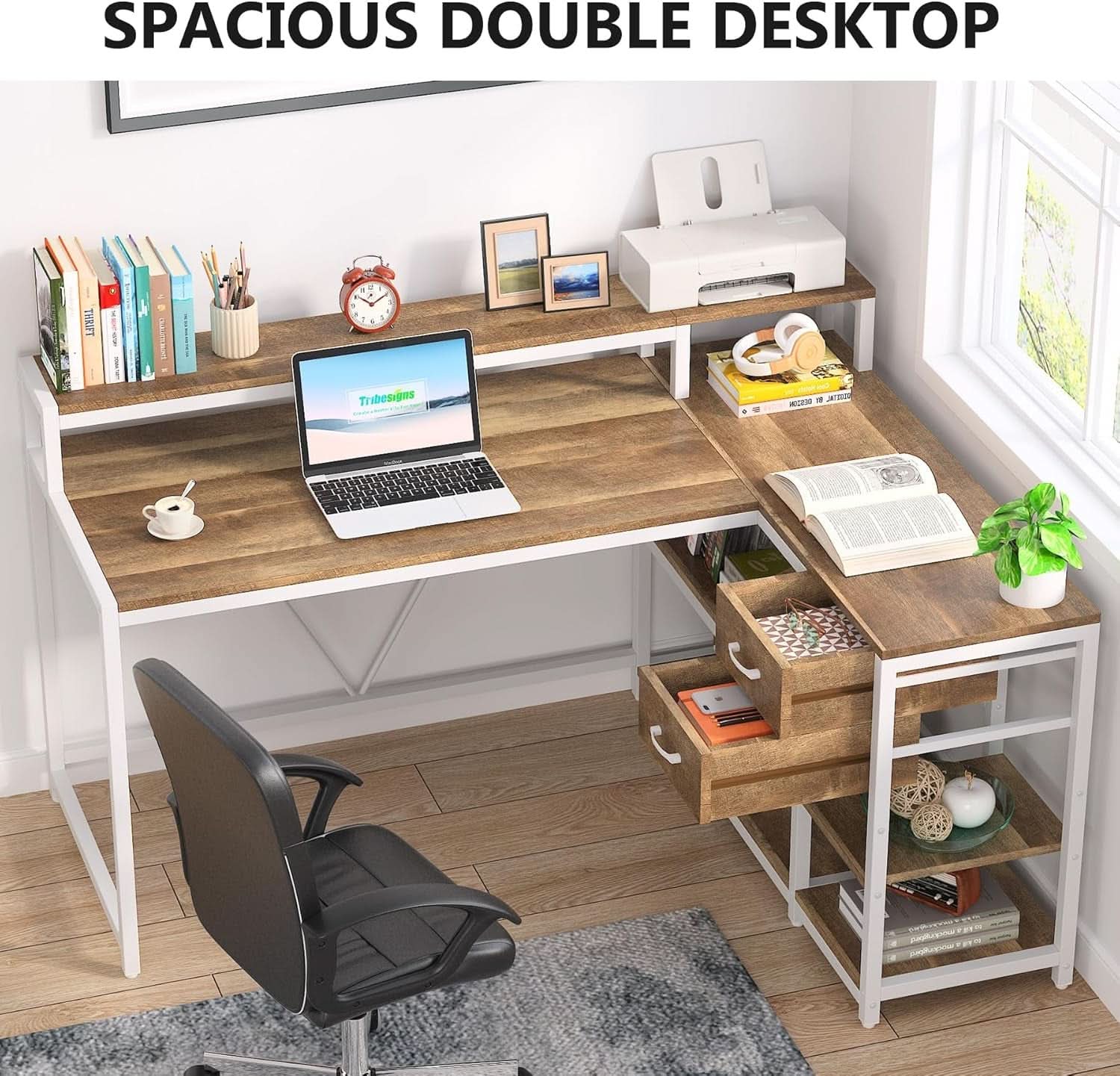 L Shaped Desk With Drawers And Monitor Stand Beige Wood