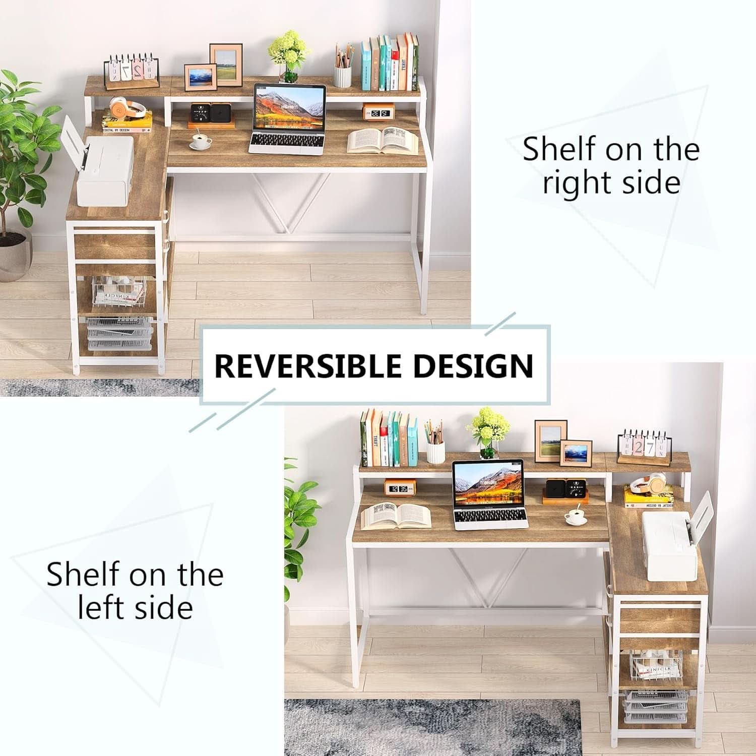L Shaped Desk With Drawers And Monitor Stand Beige Wood