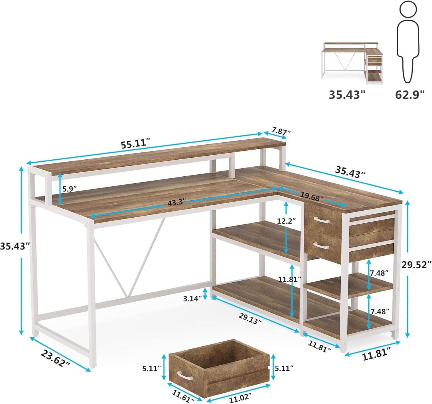 L Shaped Desk With Drawers And Monitor Stand Beige Wood