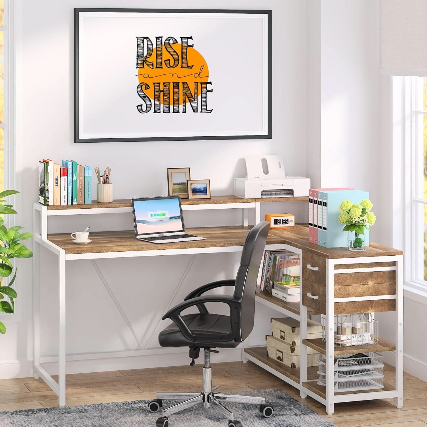L Shaped Desk With Drawers And Monitor Stand Beige Wood
