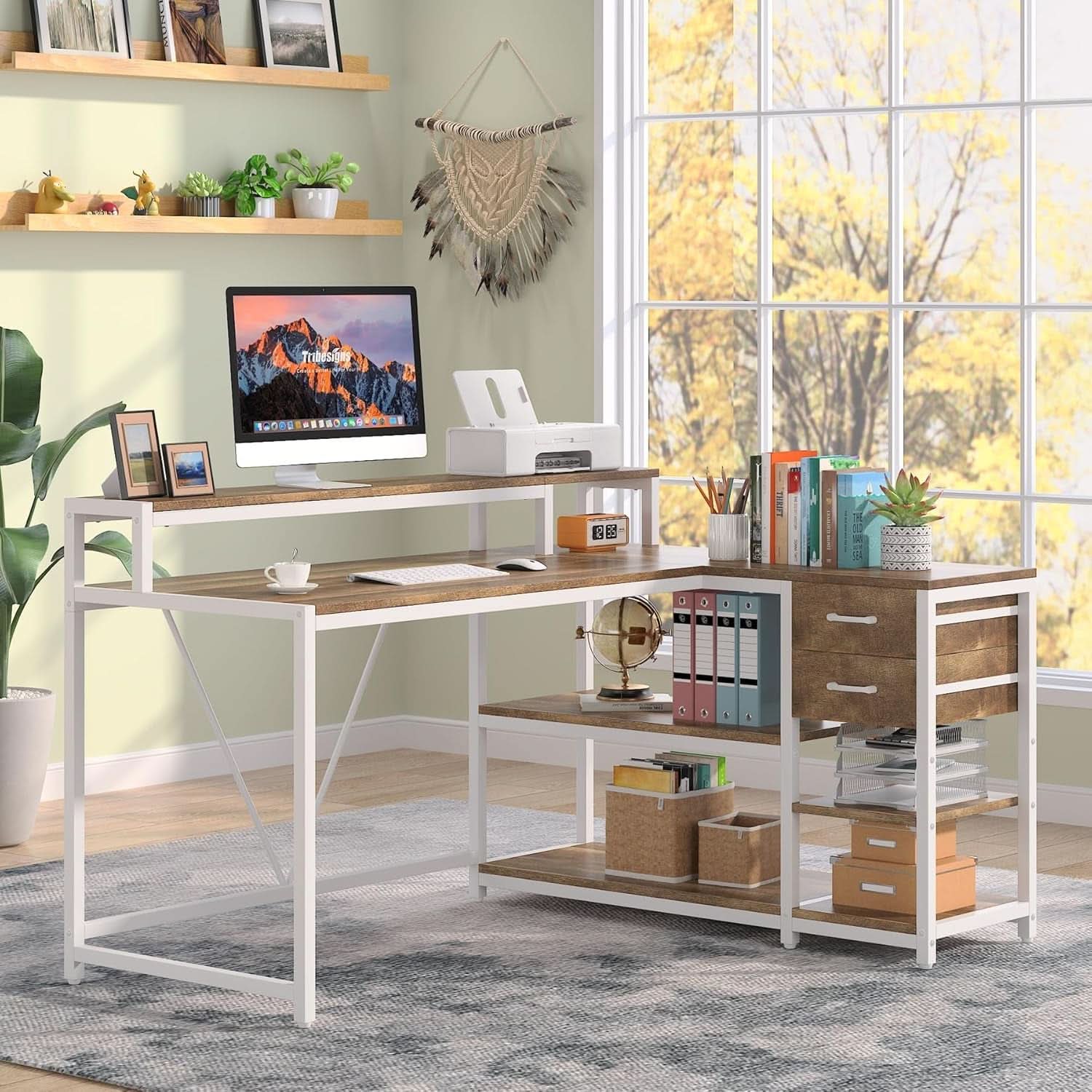L Shaped Desk With Drawers And Monitor Stand Beige Wood