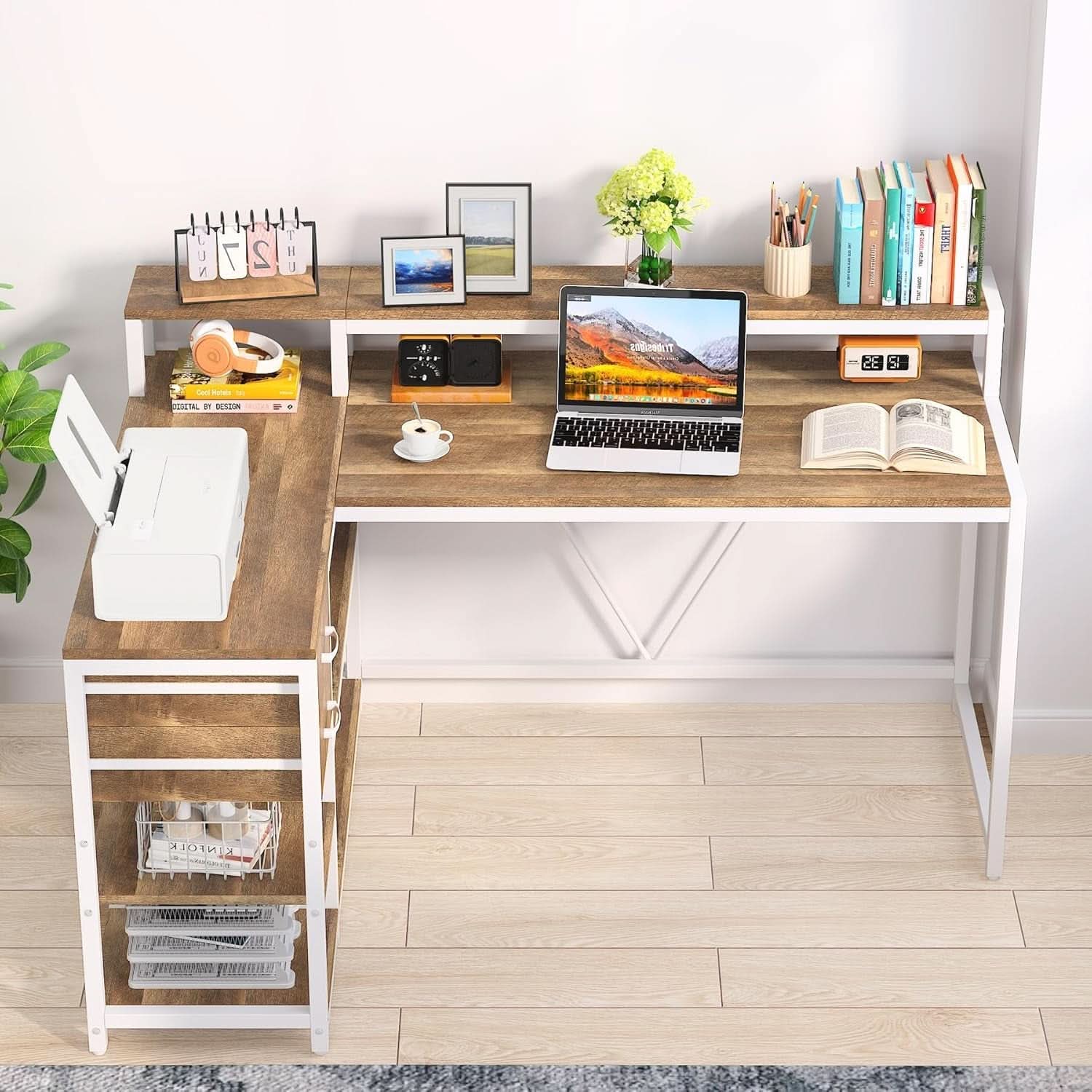 L Shaped Desk With Drawers And Monitor Stand Beige Wood