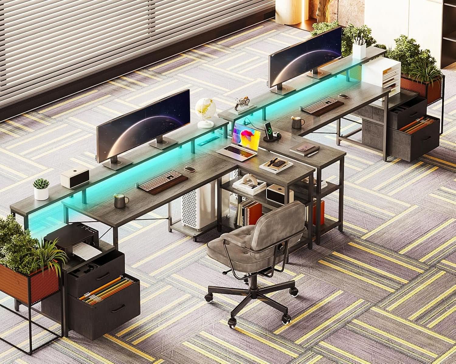 Grey Oak 75 Inch L Shaped Desk With Power Outlet And LED Lighting