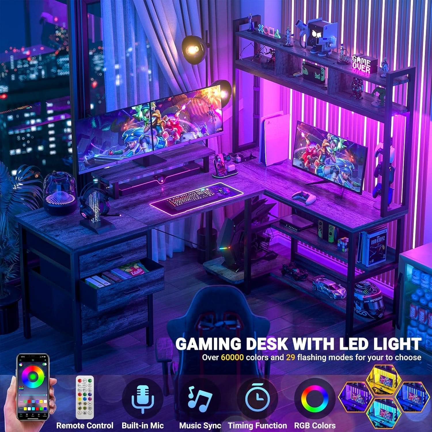 L Shaped Desk with Hutch and LED Lights, Black Oak