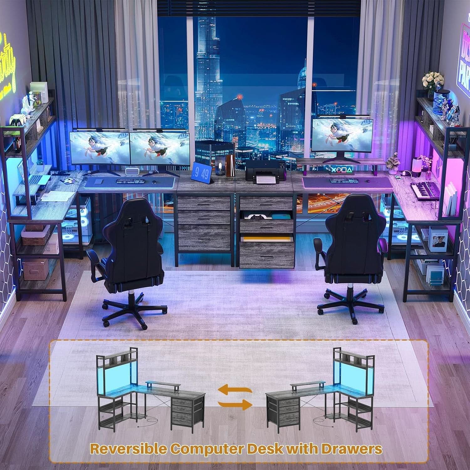 L Shaped Desk with Hutch and LED Lights, Black Oak