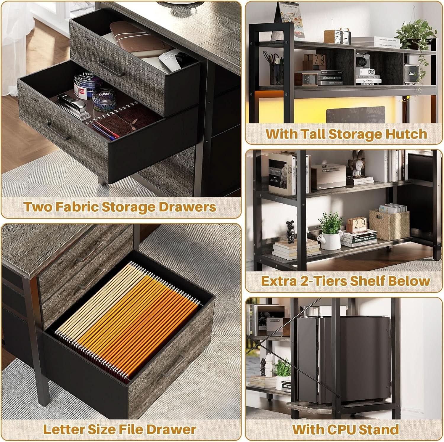 L Shaped Desk with Hutch and LED Lights, Black Oak