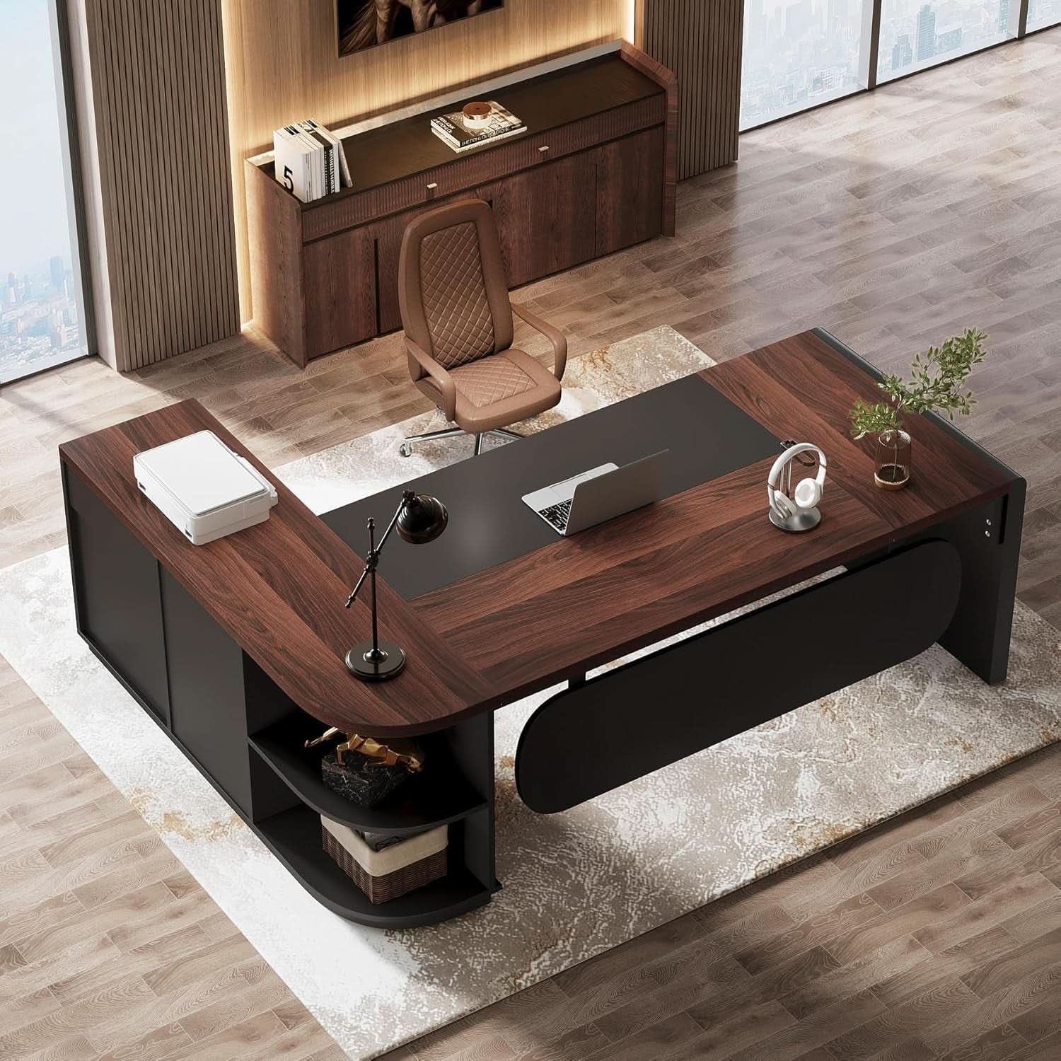 L Shaped Desk With Storage Shelves For Home Office