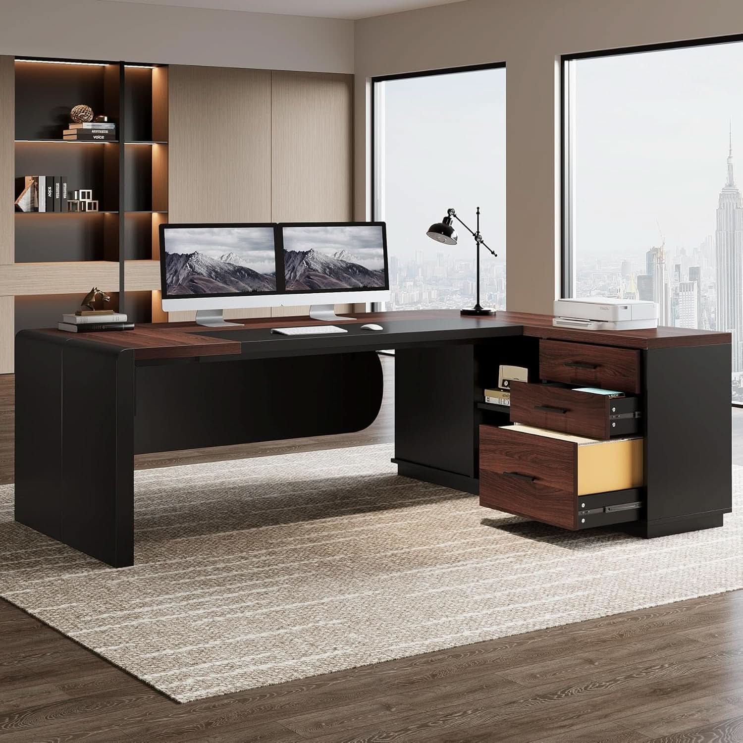 L Shaped Desk With Storage Shelves For Home Office