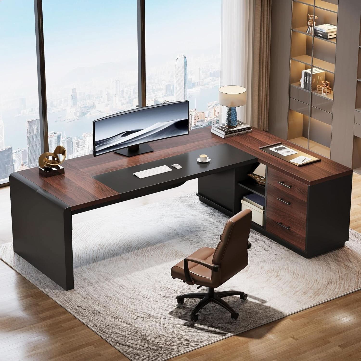 L Shaped Desk With Storage Shelves For Home Office