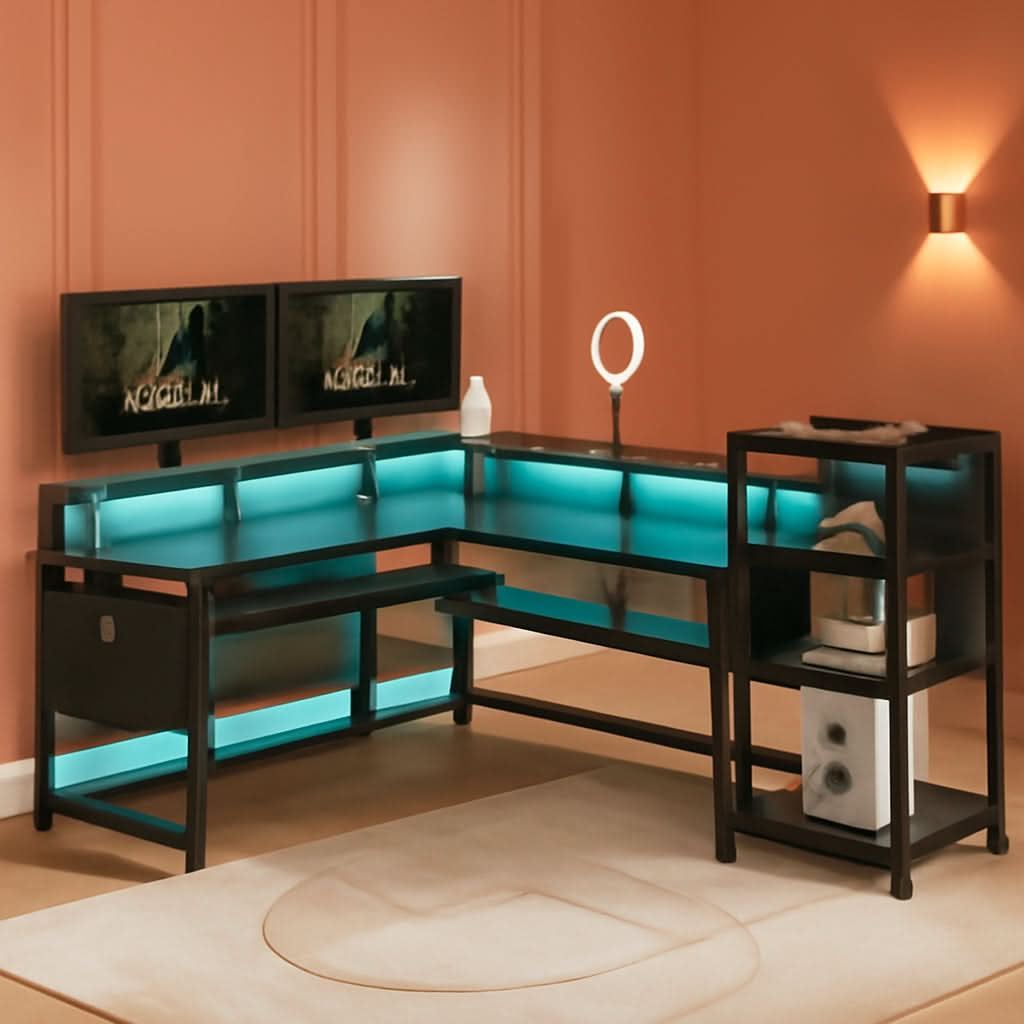 L Shaped Gaming Desk with LED Strip and Storage Shelves