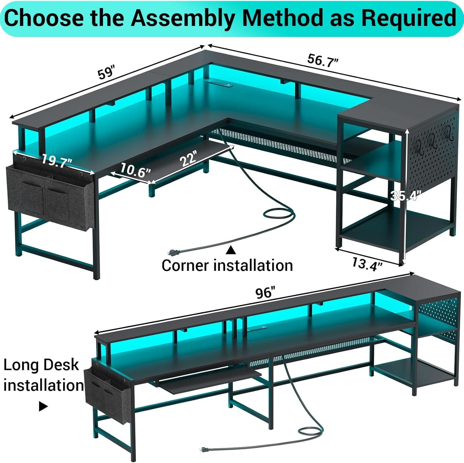 L Shaped Gaming Desk with LED Strip and Storage Shelves