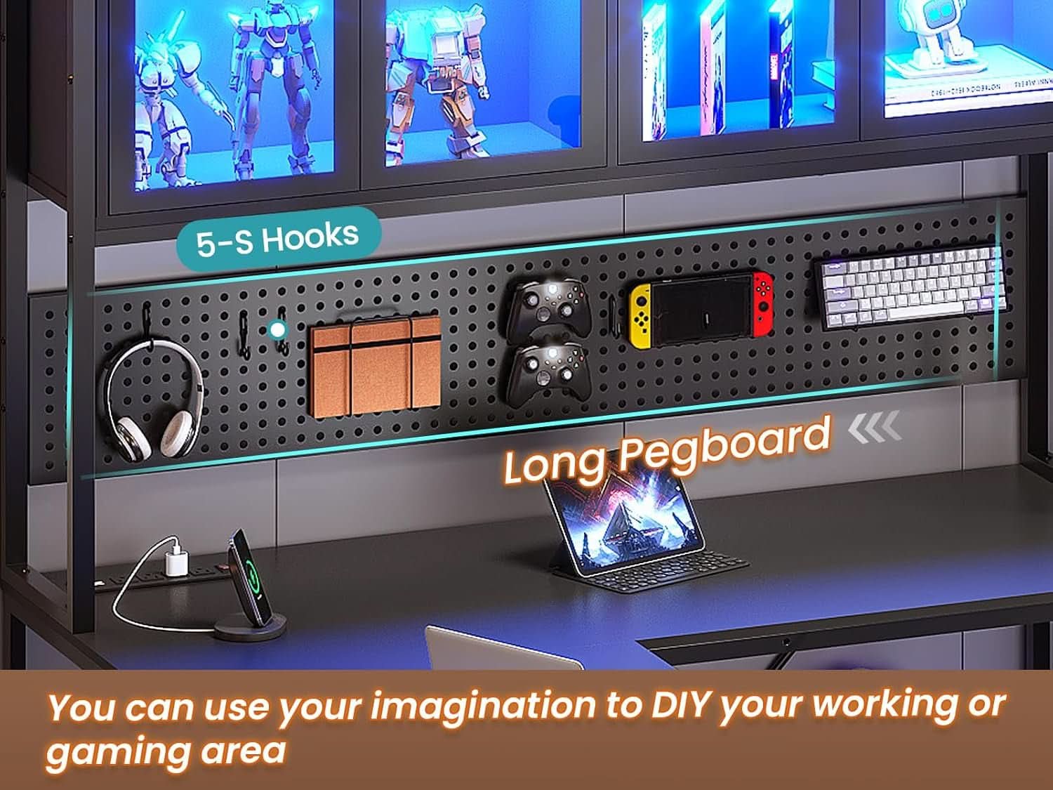 L Shaped Gaming Desk with Storage Drawers and Lights
