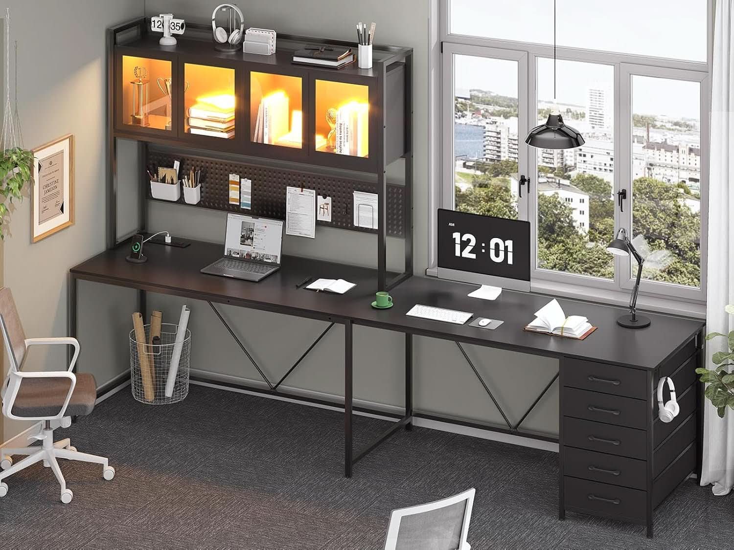 L Shaped Gaming Desk with Storage Drawers and Lights