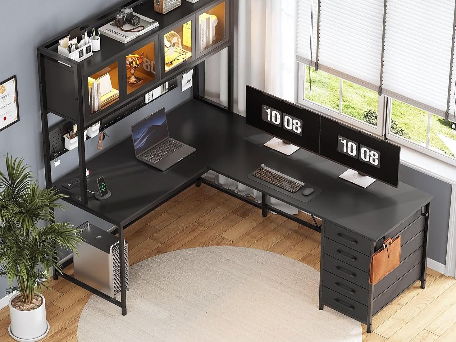 L Shaped Gaming Desk with Storage Drawers and Lights