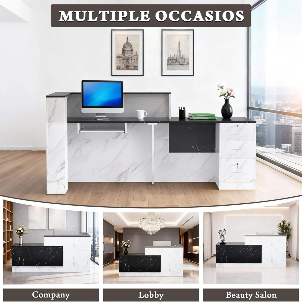 L-Shaped Modern Black And White Reception Desk With Lockable Drawers (SAK50729)