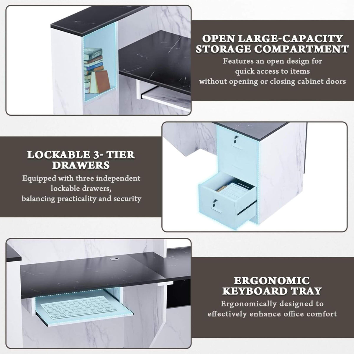 L-Shaped Modern Black And White Reception Desk With Lockable Drawers (SAK50729)