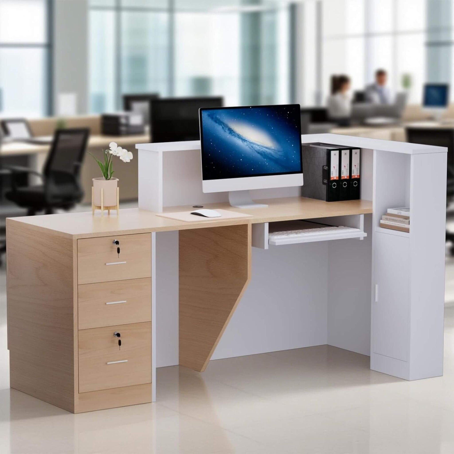 L-Shaped Modern Brown And White Reception Desk With Lockable Drawers (SAK26491)