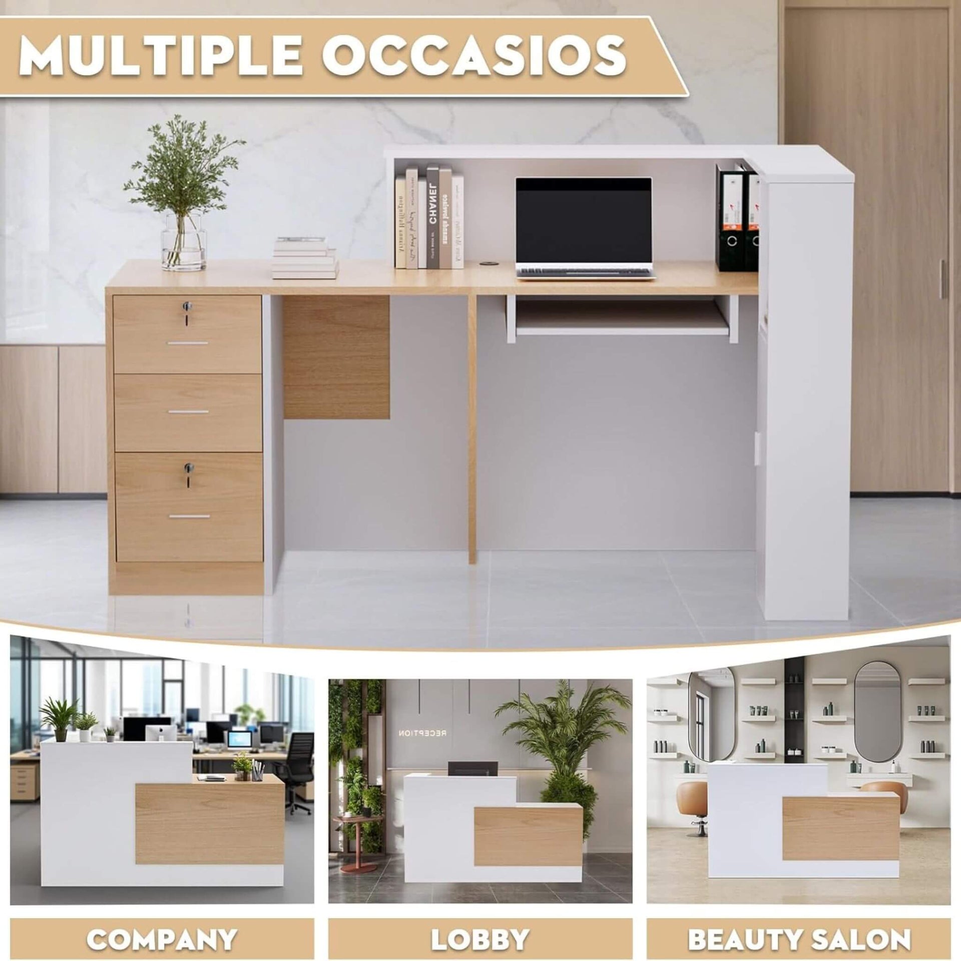 L-Shaped Modern Brown And White Reception Desk With Lockable Drawers (SAK26491)