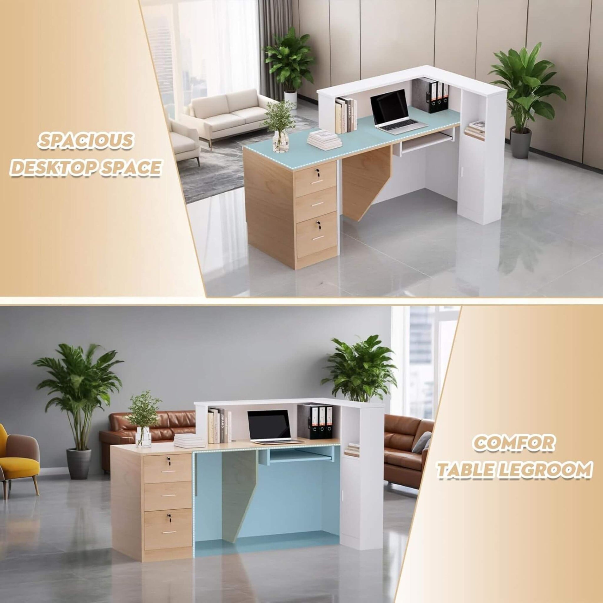 L-Shaped Modern Brown And White Reception Desk With Lockable Drawers (SAK26491)