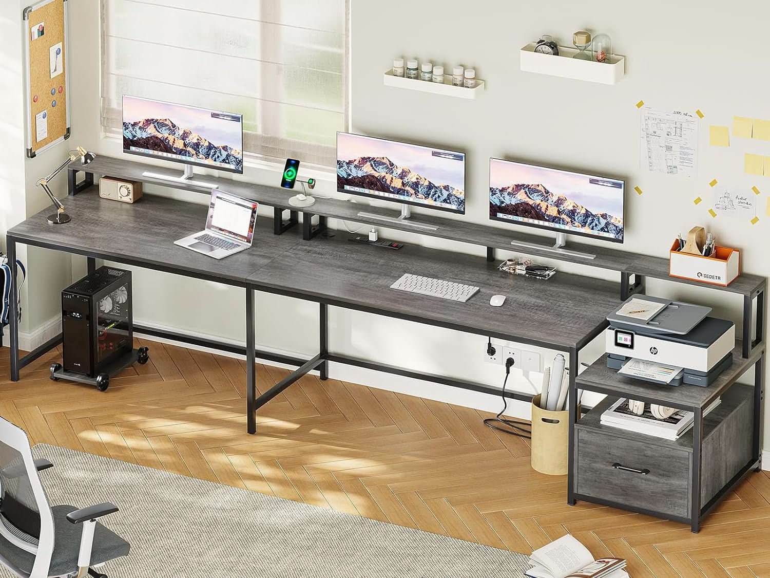 66-Inch L Shaped Office Desk With Power Outlet Grey