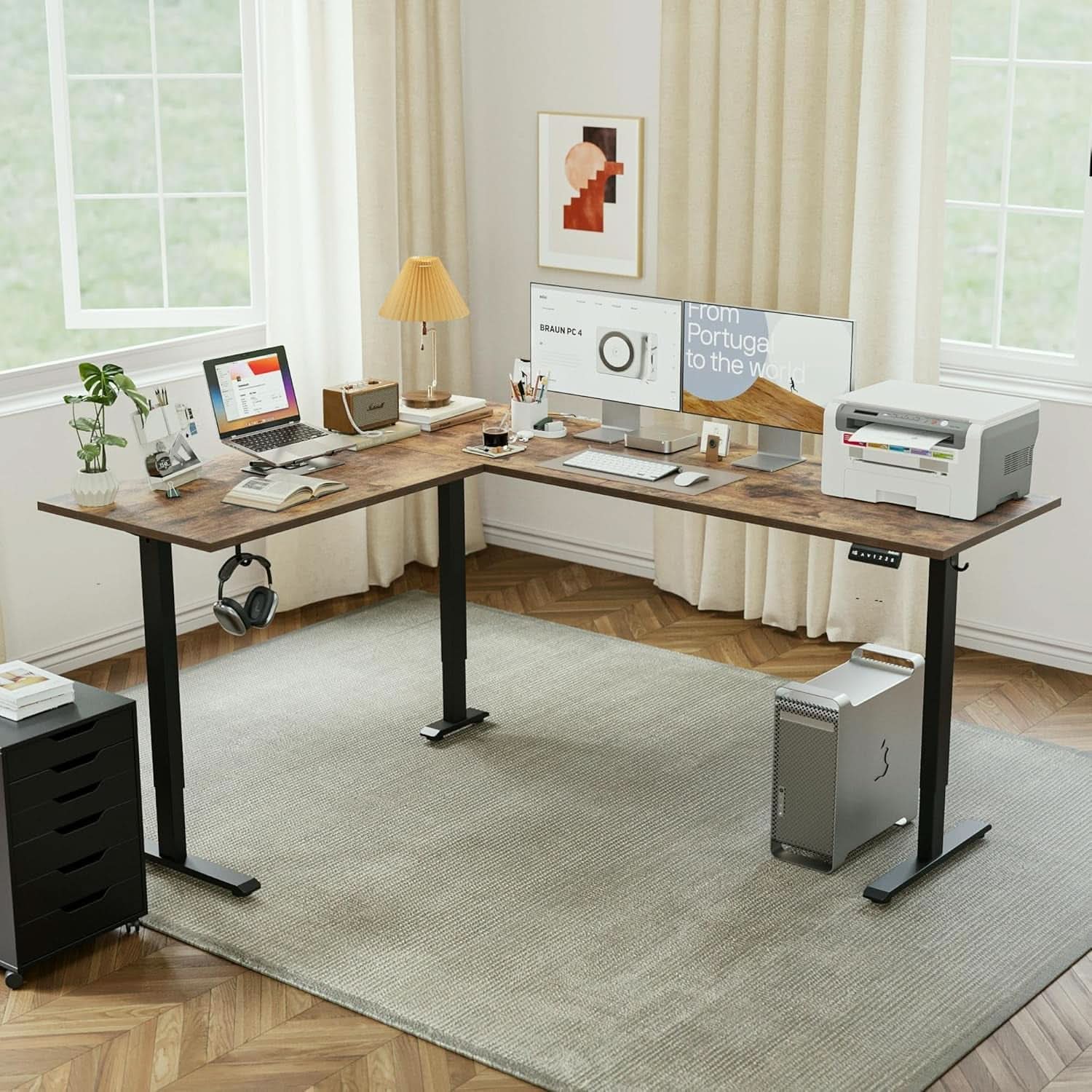 L Shaped Electric Standing Desk 75x61 Sit Stand Brown