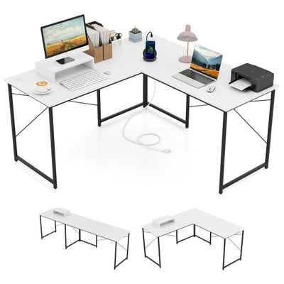 L-Shaped Computer Desk with Power Outlets and Monitor Shelf-White
