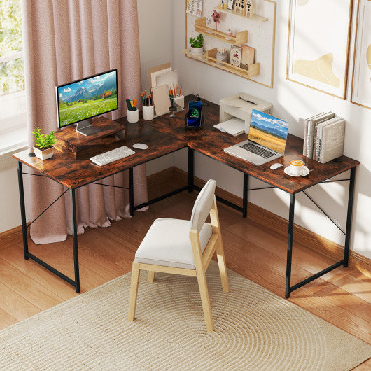 95 Inch 2-Person L-Shaped Long Reversible Computer Desk with Monitor Stand-Rustic Brown