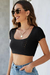 Lace-Up Openwork Square Neck Sweater - Black / S