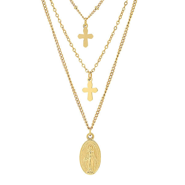 Ladies 3 Chain Necklace with Our Lady of Guadalupe and Cross Charms