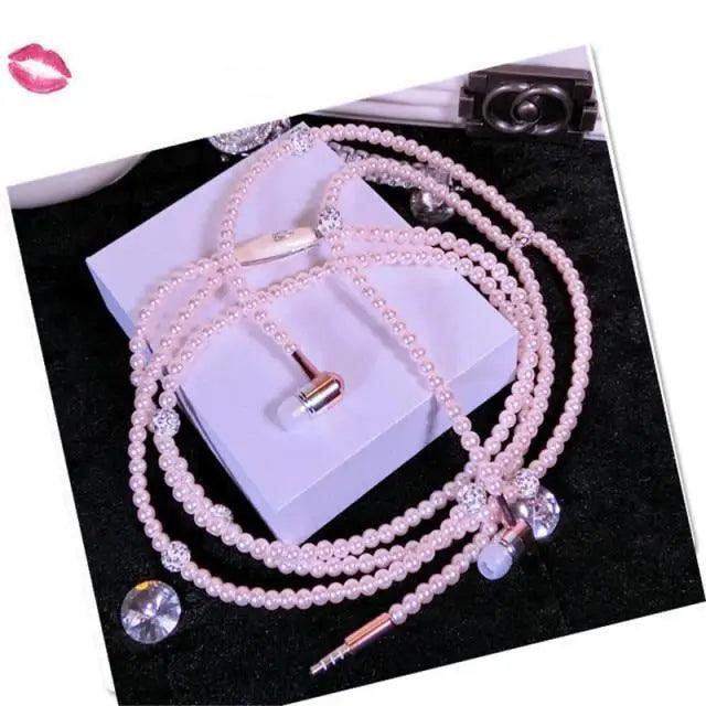 Ladies Luxury Pearl Necklace Pink Earphones With Mic Excellent Sound Quality Stereo Earphones For Everyday Use