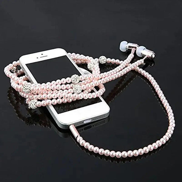 Ladies Luxury Pearl Necklace Pink Earphones With Mic Excellent Sound Quality Stereo Earphones For Everyday Use