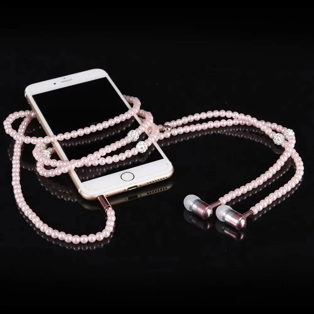Ladies Luxury Pearl Necklace Pink Earphones With Mic Excellent Sound Quality Stereo Earphones For Everyday Use